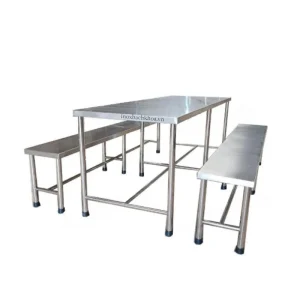Bộ bàn ghế inox dài 200cm cho nhà ăn công nhân - 1 bàn 2 ghế inox 304 dày 1mm chân phi 32