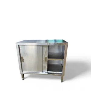 Tủ inox cửa lùa chân cố định công nghiệp, inox 304 cao cấp, 2 ngăn kệ cho nhà máy bệnh viện trường học