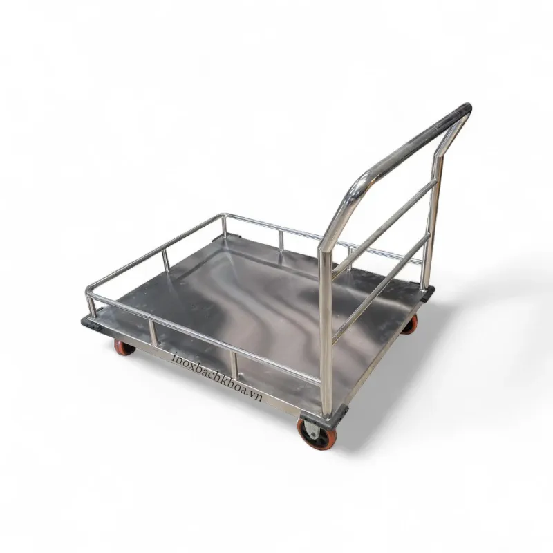 Xe đẩy inox 1 tầng - Inox Bách Khoa Xe đẩy inox 1 tầng 60x90x90cm inox 304, 4 cạnh cao 10cm, bánh xe cao 13cm