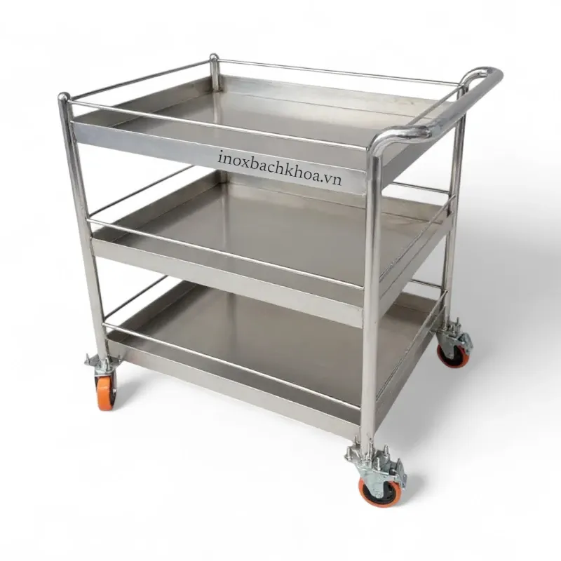 Xe đẩy inox 3 tầng - Inox Bách Khoa sản xuất gia công xe đẩy inox 3 tầng cho nhà máy công ty bệnh viện và khu bếp inox công nghiệp