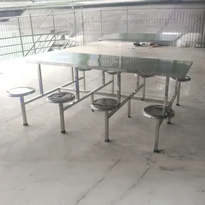 Bàn ăn công nghiệp inox 8 chỗ - Inox Bách Khoa Bàn ăn công nghiệp inox 8 chỗ làm từ inox 304, mặt bàn dày 1mm, khung hộp 40x40 chắc chắn
