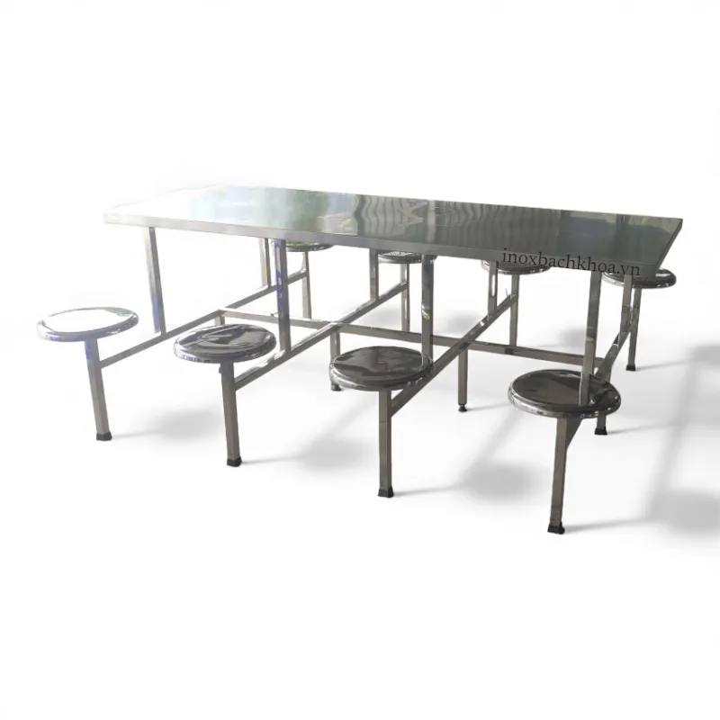 Bàn ăn công nghiệp inox 8 chỗ - Inox Bách Khoa Bàn ăn công nghiệp inox 8 chỗ inox 304 liền ghế chất lượng cao