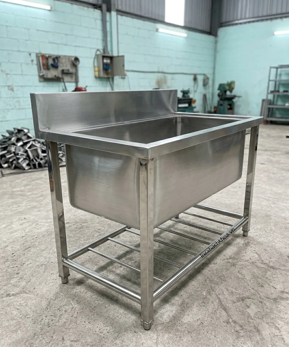 Góc nghiêng chậu rửa inox công nghiệp 1 hộc lớn