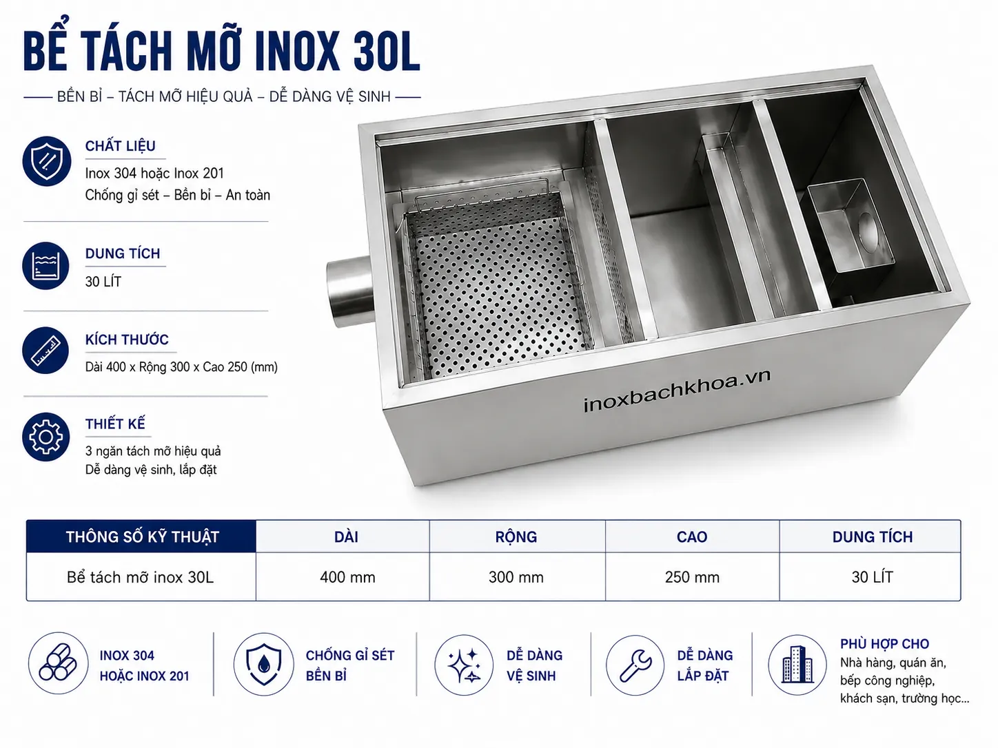 Kích thước bể tách mỡ inox 30L