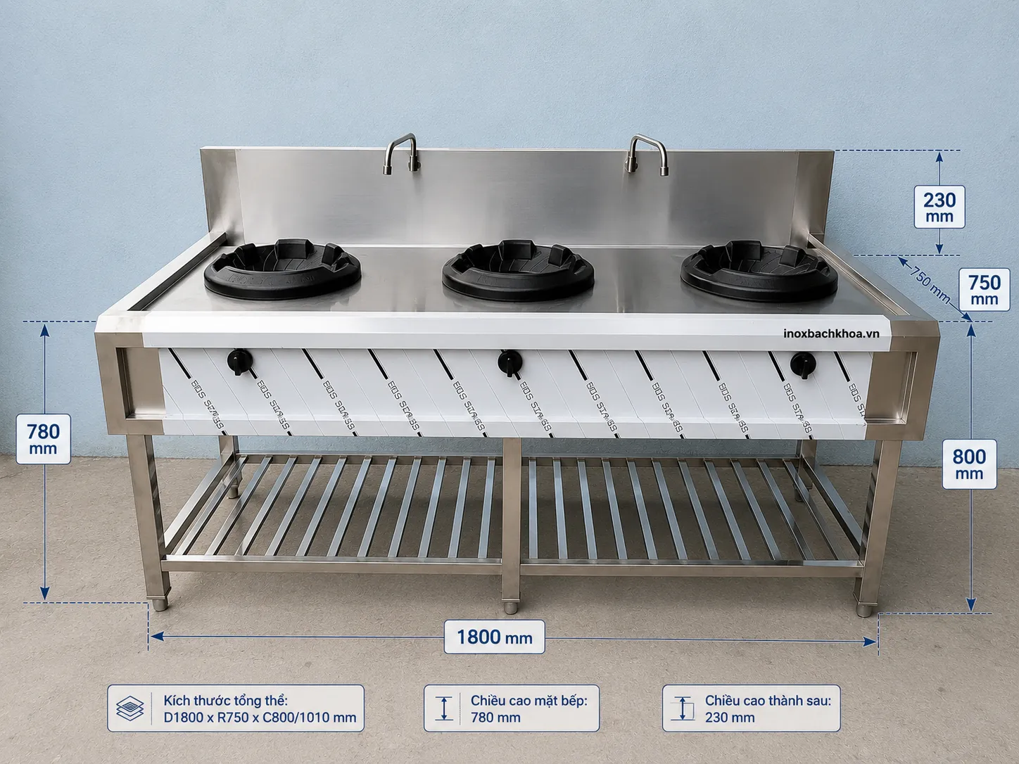 Bếp á 3 họng - Inox Bách Khoa Kích thước Bếp Á 3 họng