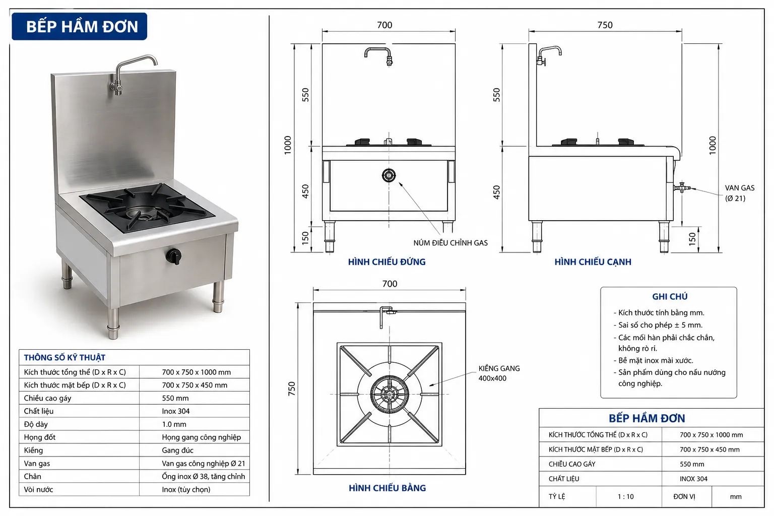 Bếp hầm đơn - Inox Bách Khoa Kích thước bếp hầm đơn