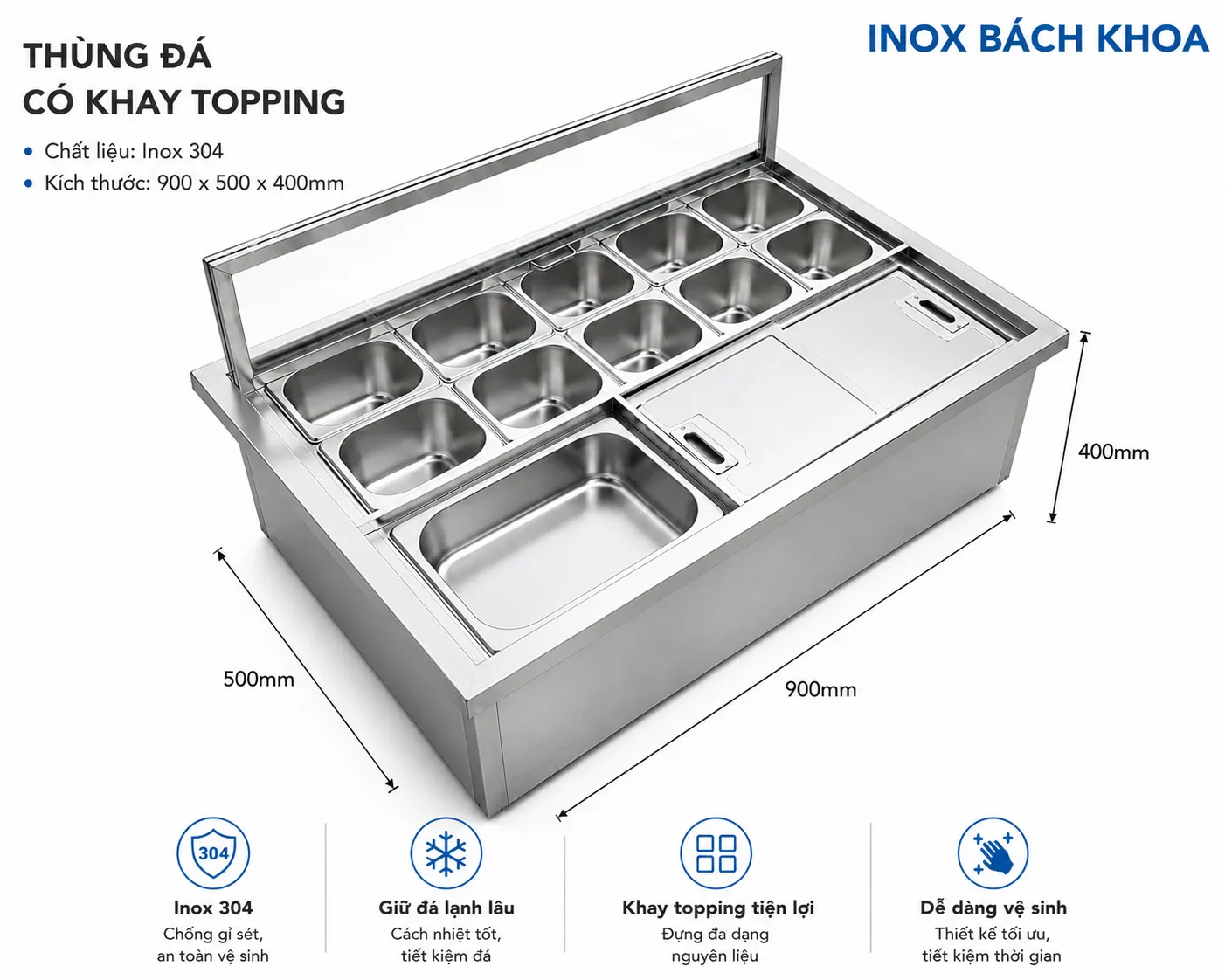 Thùng đá có khay topping - Inox Bách Khoa Kích thước thùng đá inox có khay topping