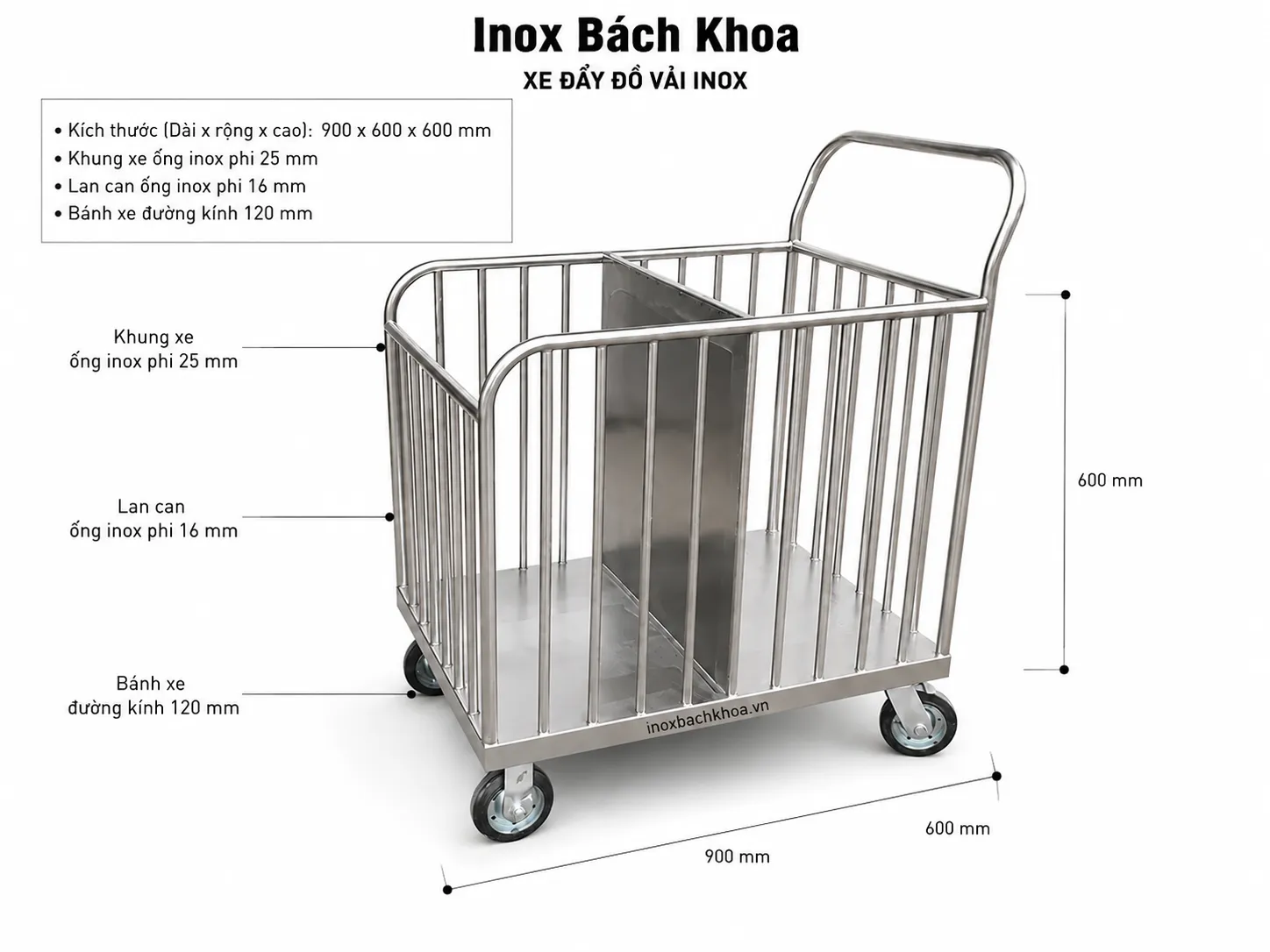 Xe đẩy đồ vải - Inox Bách Khoa Kích thước xe đẩy đồ vải thông thường