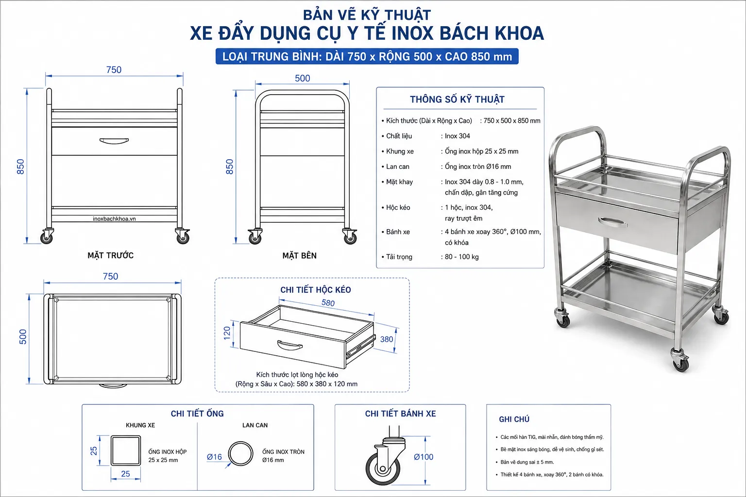Xe đẩy dụng cụ y tế - Inox Bách Khoa Kích thước xe đẩy dụng cụ y tế thông dụng