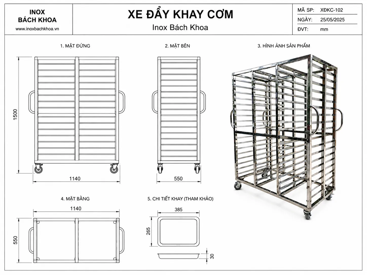 Xe đẩy khay - Inox Bách Khoa Kích thước xe đẩy khay
