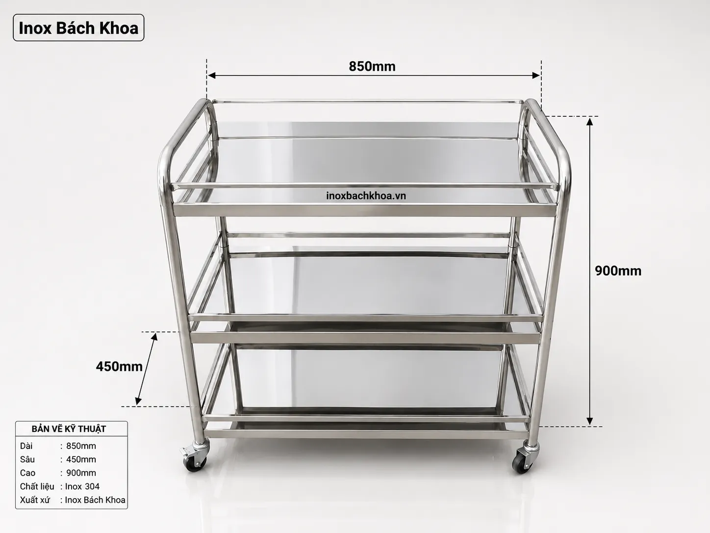 Xe đẩy thức ăn - Inox Bách Khoa Kích thước xe đẩy thức ăn