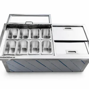 Thùng đá có khay topping - Inox Bách Khoa Thùng đựng đá inox có khay topping