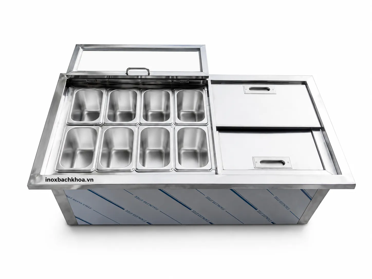 Thùng đá có khay topping - Inox Bách Khoa Thùng đựng đá inox có khay topping