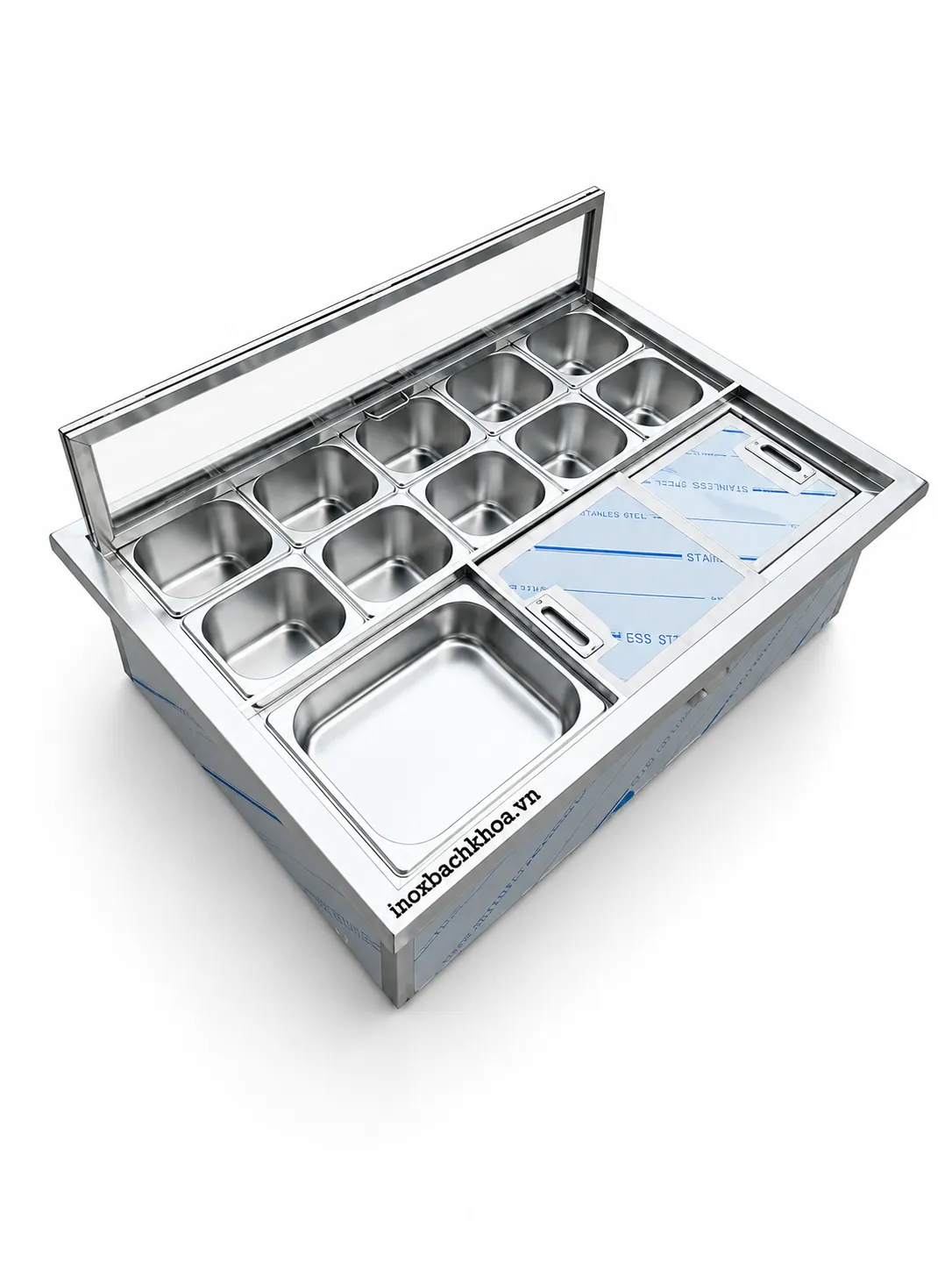 Thùng đá có khay topping - Inox Bách Khoa Thừng đựng đá inox